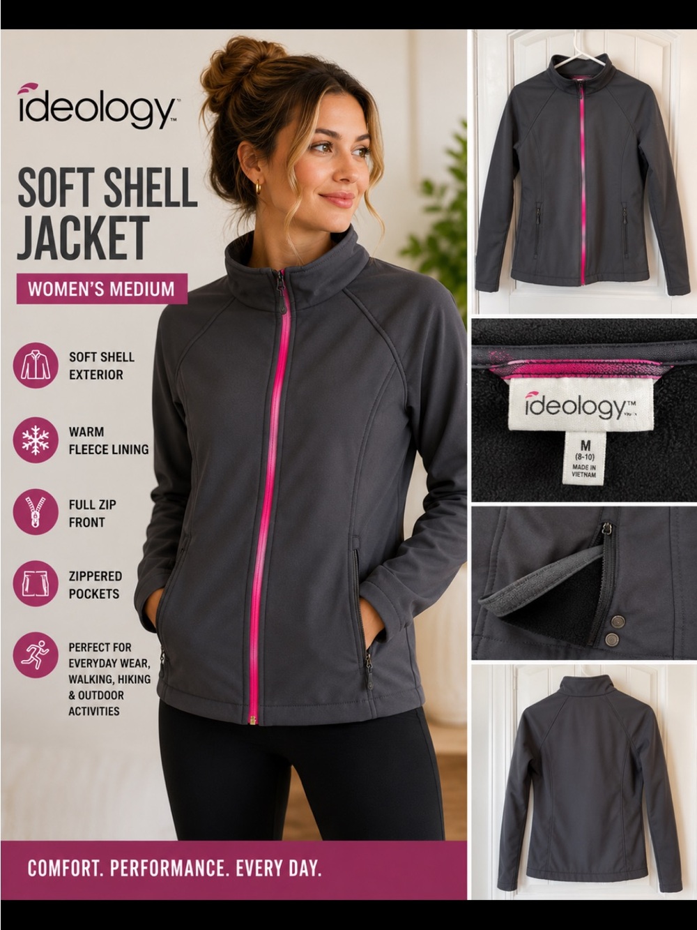 Ideology Women's Charcoal Jacket with Pink Zipper
